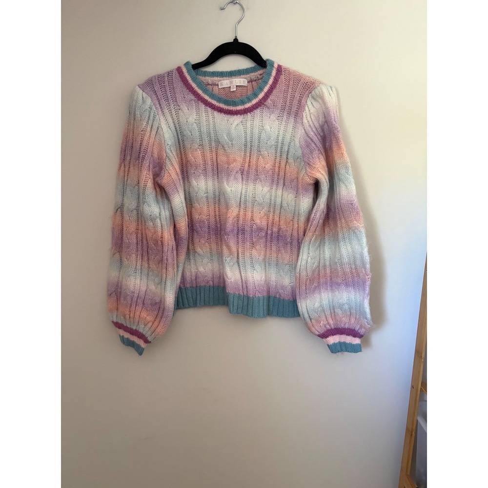 Karlie Pastel Ombre Cable Knit Puff Sleeve Sweater Pink Blue Purple Medium